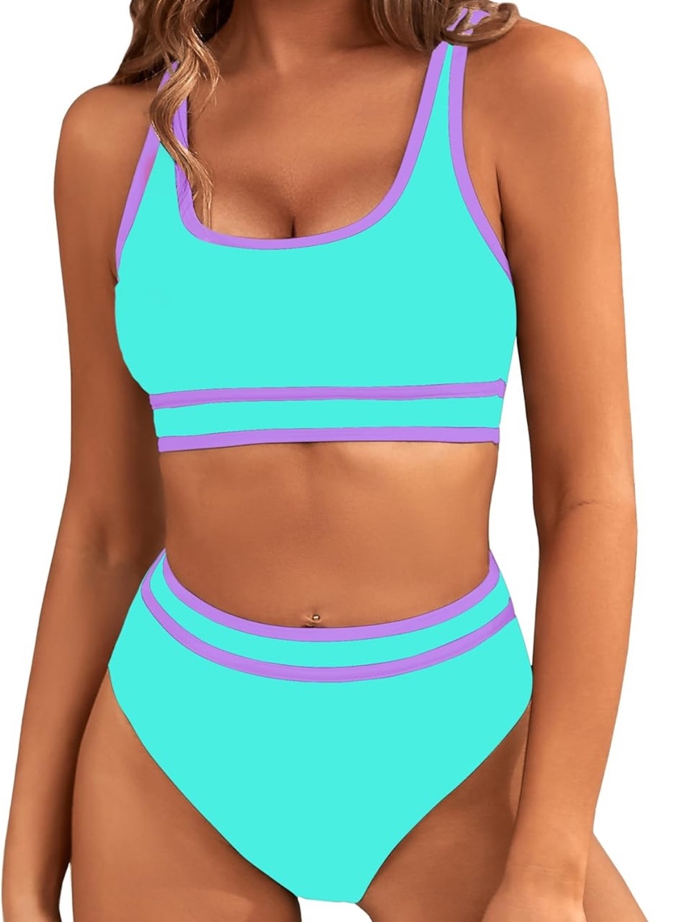 High-Waist Two-Piece Swim Set in Aqua with Lavender Trim